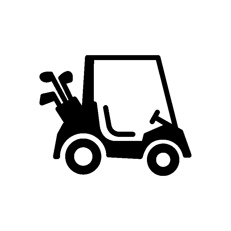 Black icon of a golf cart with golf clubs in the back, shown on a white background.