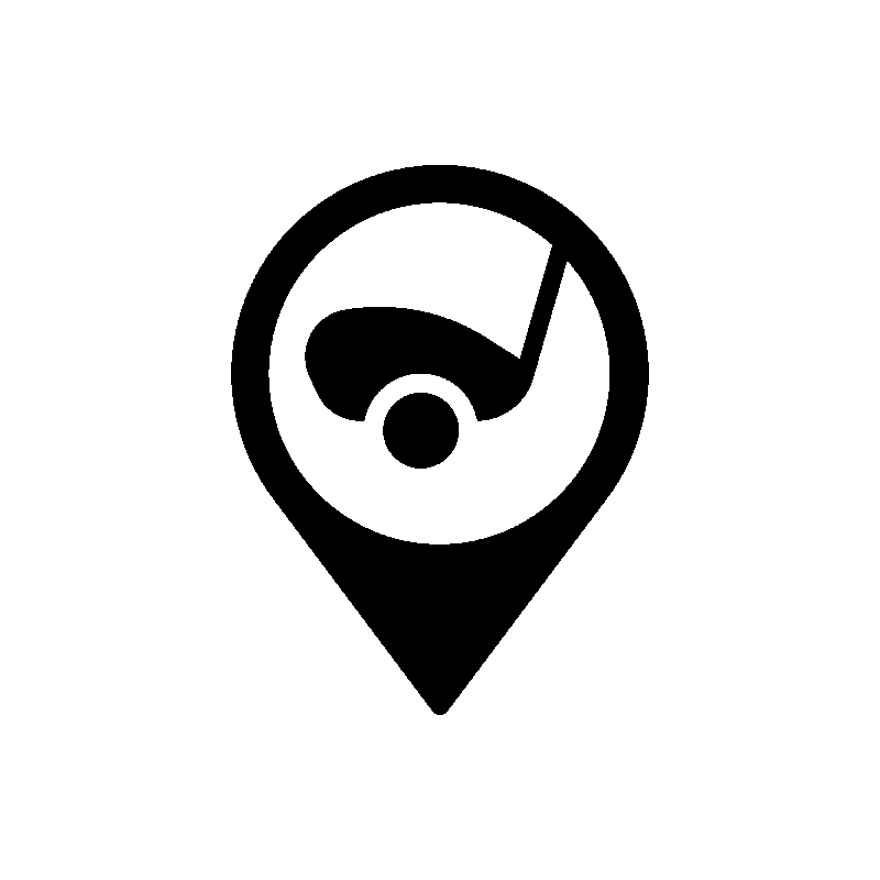 Black map pin icon with a golf club swinging at a golf ball inside the pin on a light background.