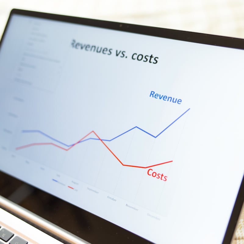 Laptop screen showing a line graph comparing revenues and costs over several months.