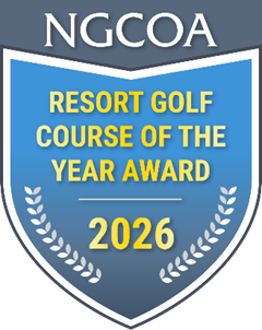Blue shield with NGCOA Resort Golf Course of the Year Award 2026 in yellow and white text.